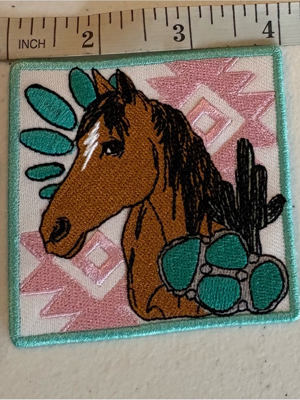 Brown Horse Embroidered Patch - Teal & Pink (iron on patch)